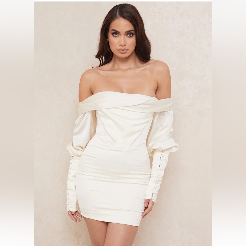 HOUSE OF CB off shoulder 'Santana' Ivory Draped Corset Dress/Size M